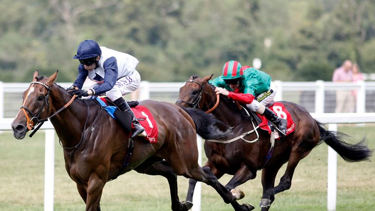 Pallasator (left) ridden by Luke Morris stakes his claim for the Ebor.