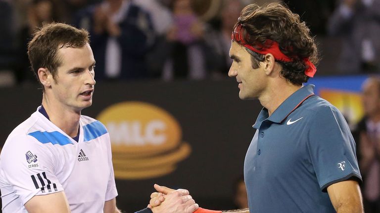 Andy Murray and Roger Federer shake hands after their most recent encounter in Melbourne at the start of 2014  
