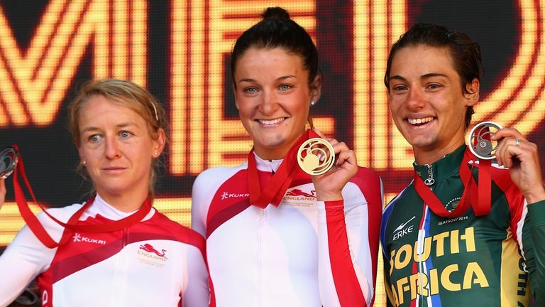 From left, Emma Pooley, Lizzie Armitstead and Ashleigh Moolman Pasio on the podium
