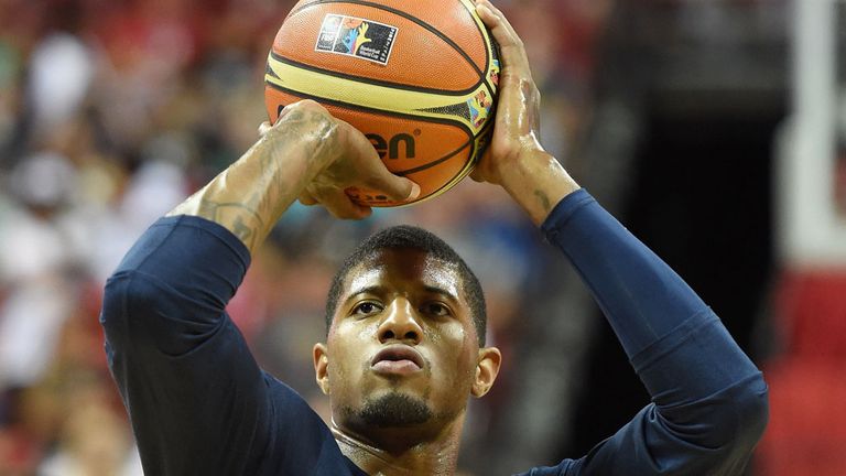 Paul George warms up before the US national team practice game in Las Vegas