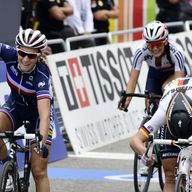 Pauline Ferrand-Prevot, left, edged out Lisa Brennauer, right, as Lizzie Armitstead, rear, finished seventh