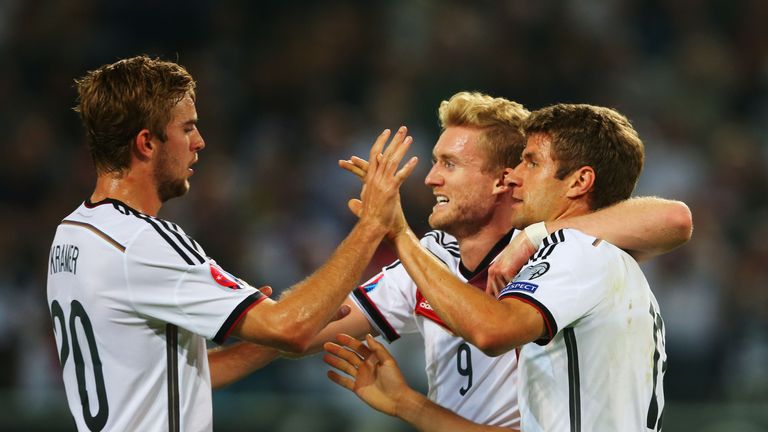 Thomas Muller: Celebrates after giving Germany the lead in their win over Scotland