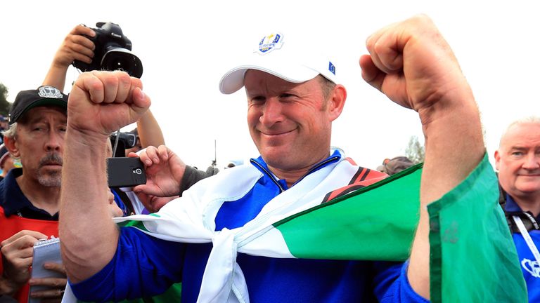 Europe's Jamie Donaldson celebrates after winning the Ryder Cup