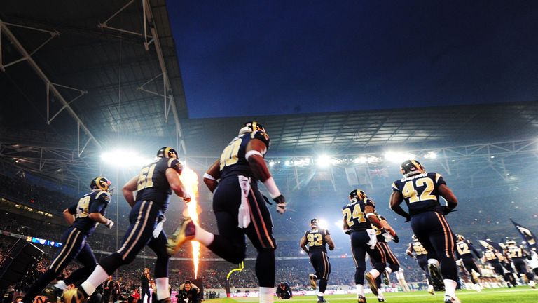 St. Louis Rams run out onto the Wembley field