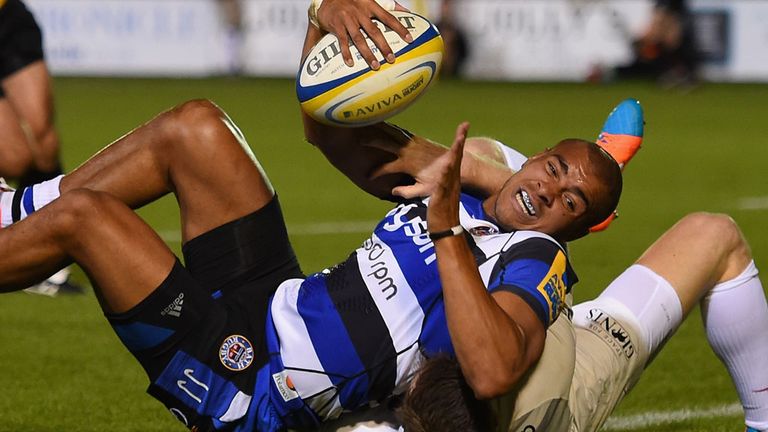 Jonathan Joseph crashes over to score Bath's first try