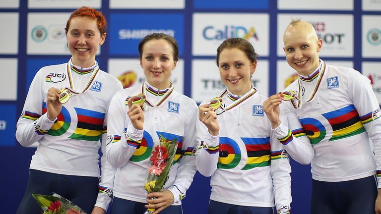 From left, Archibald, Barker, Trott and Rowsell will look to defend their team pursuit world title