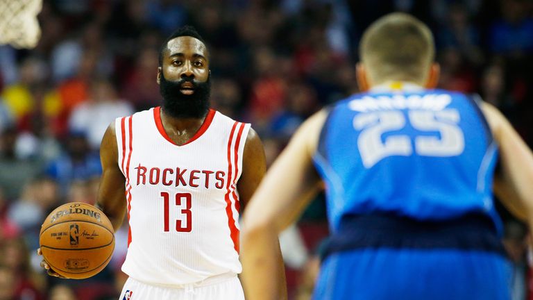 James Harden of the Houston Rockets takes the ball upcourt