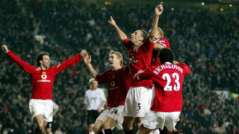 Rio Ferdinand celebrates scoring in injury time against Liverpool in 2006