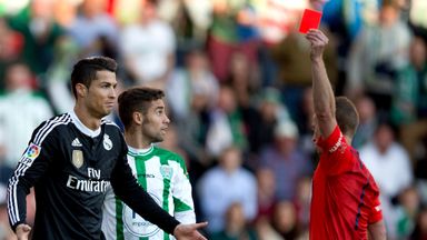 Cristiano Ronaldo is sent off during the La Liga match between Cordoba CF and Real Madrid CF at El Arcangel stadium on January 24, 2015