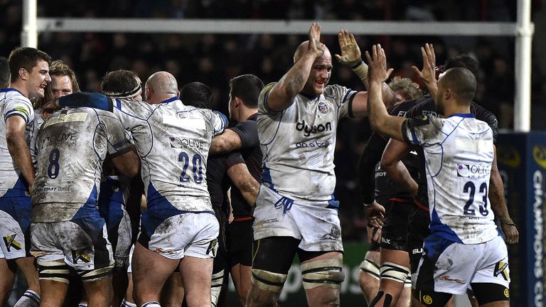 Bath's players celebrate their victory in France