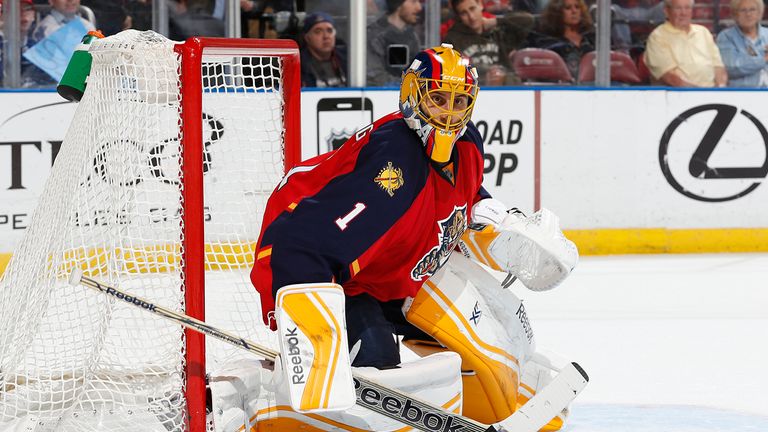 Goaltender Roberto Luongo of the Panthers defends the net 