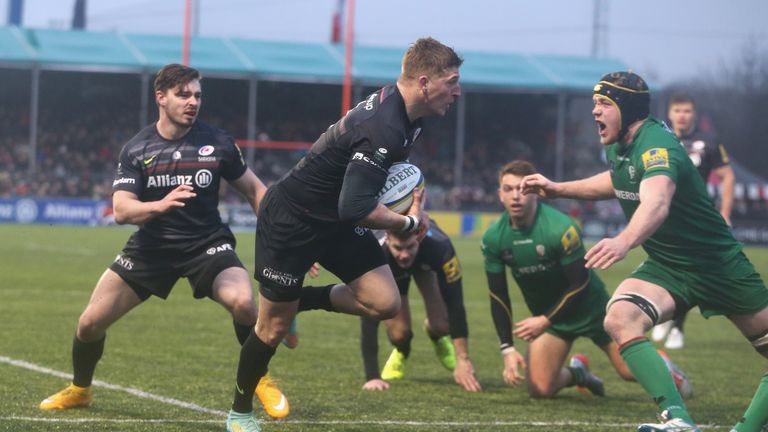 David Strettle: Saracens winger breaks clear to score his second try against London Irish