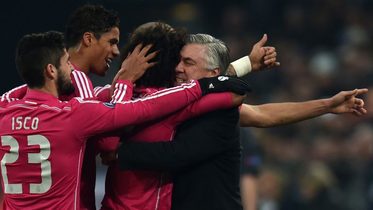 Carlo Ancelotti and Marcelo celebrate the second goal
