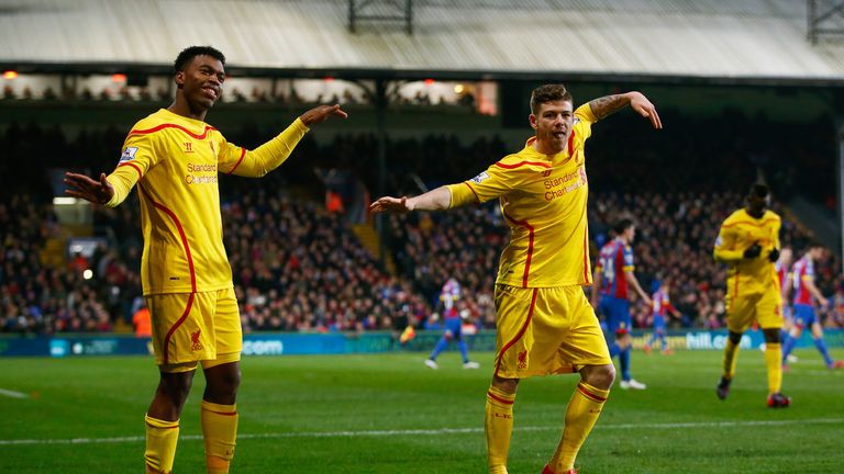 Daniel Sturridge: Celebrates scoring Liverpool's equaliser with Alberto Moreno