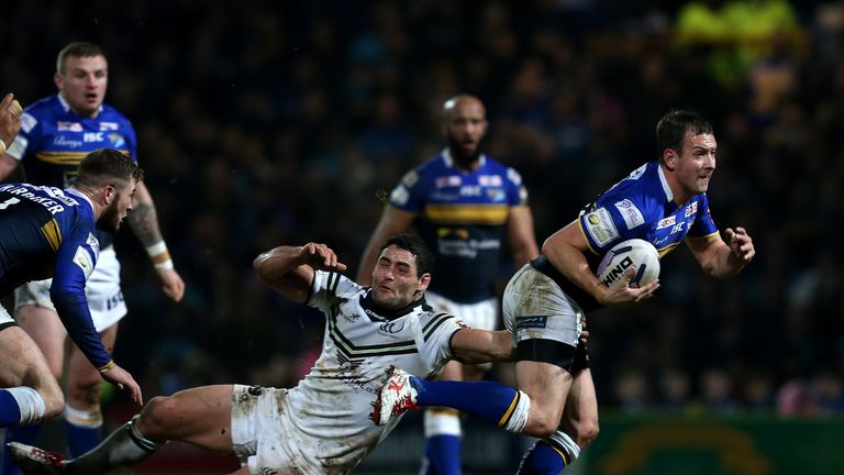 Leeds try-scorer Danny McGuire evades the tackle of Ben Kavanagh