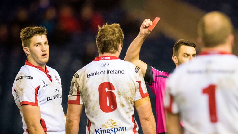 Ulster centre Stuart McCloskey, left, is shown a red card by referee Leighton Hodges