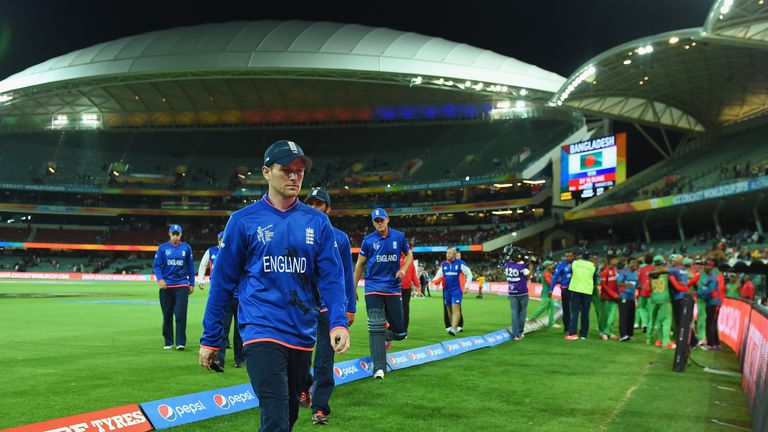 Morgan trudges off the field after England's World Cup exit in 2015