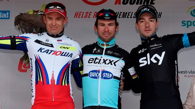 Cavendish was joined by Alexander Kristoff, left, and Elia Viviani on the podium