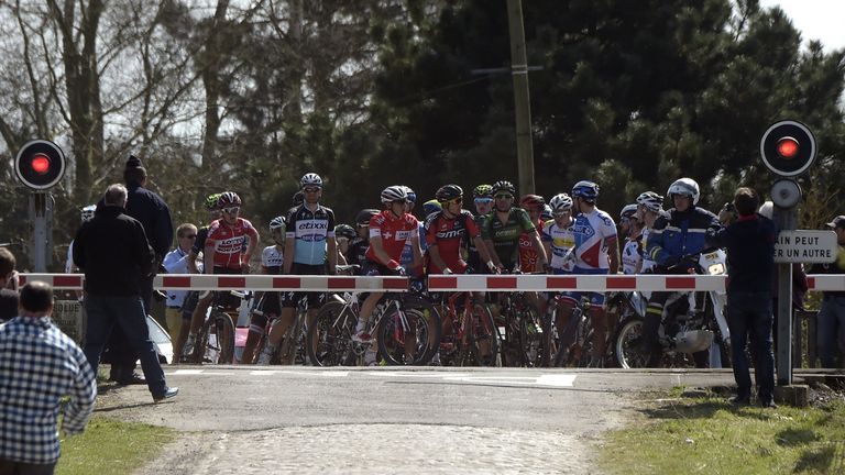 The peloton was unexpectedly stopped at a level crossing during last year's Paris-Roubaix