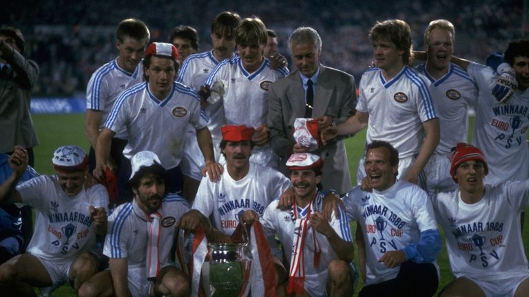 PSV celebrate their European Cup final win over Benfica at the Neckarstadion in Stuttgart