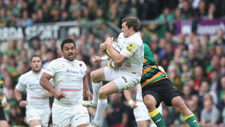 Alex Goode: Catches the ball under pressure from George Pisi