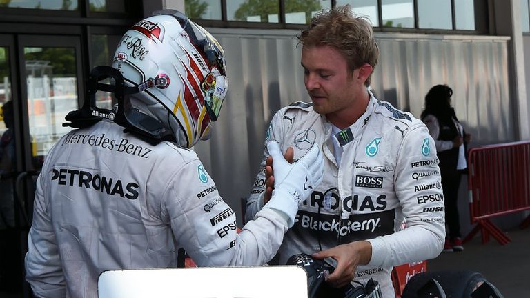 Lewis Hamilton congratulates race winner Nico Rosberg