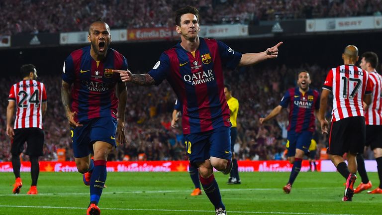 Lionel Messi celebrates scoring in the Copa del Rey final