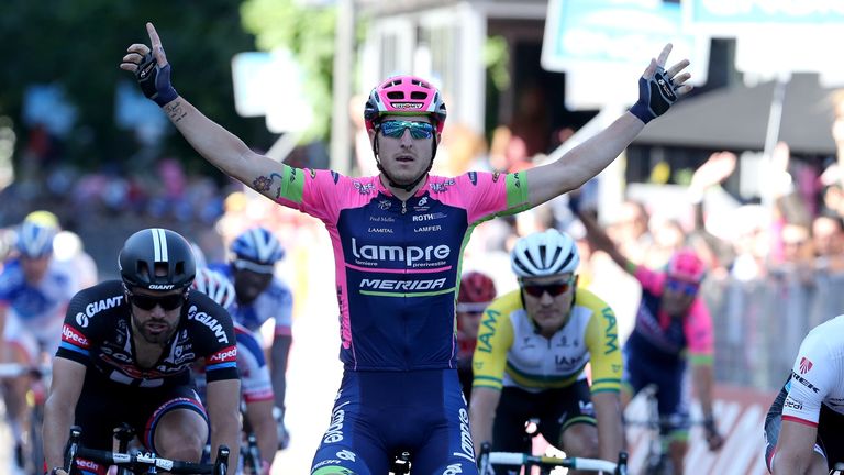 Sacha Modolo: Lampre rider celebrates victory on stage 17 of the Giro d'Italia