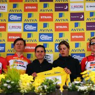 The Boels Dolmans Cycling Team accept the race leader's jersey on behalf of Lizzie Armitstead following her crash