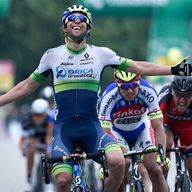Michael Matthews celebrates his win over Peter Sagan on stage four of the Tour de Suisse