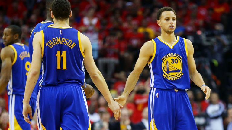 Stephen Curry (R) and Klay Thompson of the Golden State Warriors have set numerous NBA records this season