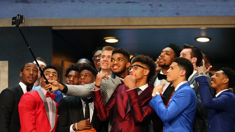Karl-Anthony Towns holds a selfie stick with other top prospects at the NBA Draft