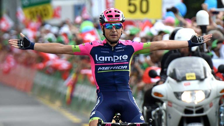 Kristijan Durasek celebrates victory in the second stage of the Tour de Suisse