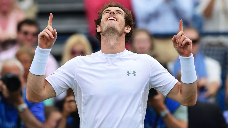 Andy Murray celebrates victory over against Kevin Anderson at the Aegon Championships at Queen's Club
