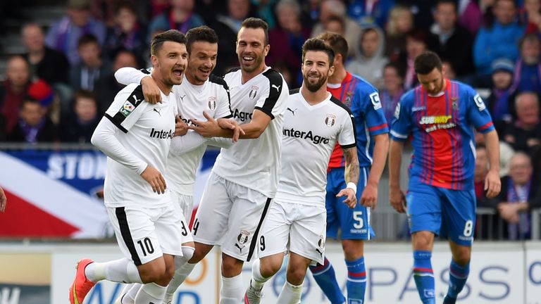 Astra's Constantin Budescu (number 10) celebrates after scoring with a free-kick against Inverness in the Europa League qualifier