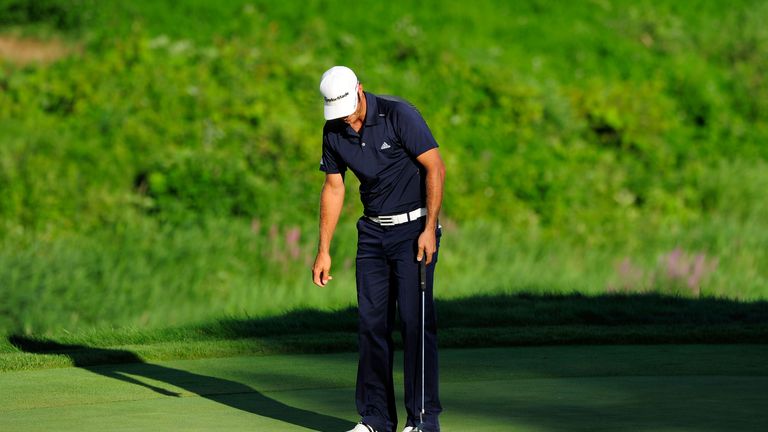 Dustin Johnson misses his par putt on the 18th green during the final round of the 92nd US PGA Championship 