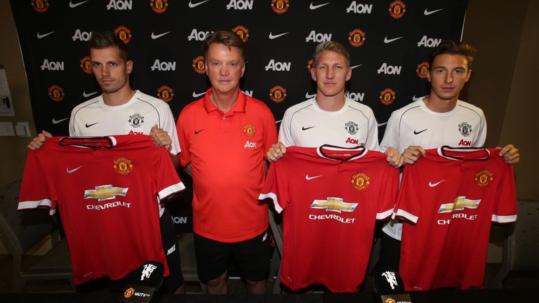 Louis van Gaal has signed Morgan Schneiderlin (L), Bastian Schweinsteiger (C) and Matteo Darmian (R), as well as Dutch forward Memphis Depay