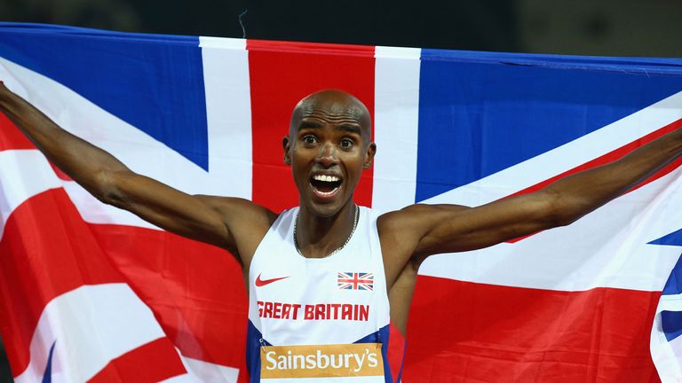 Mo Farah celebrates winning the 3000m at the Anniversary Games