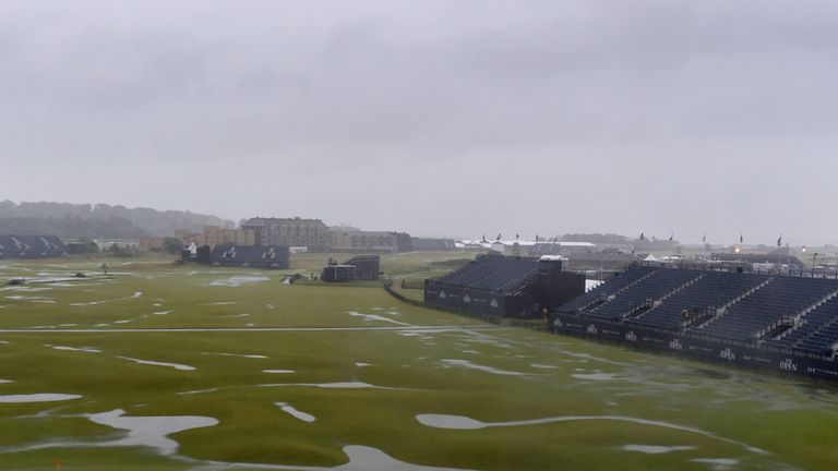 Standing water is is seen on the 1st and 18th fairways during day two of The Open Championship 2015 at St Andrews