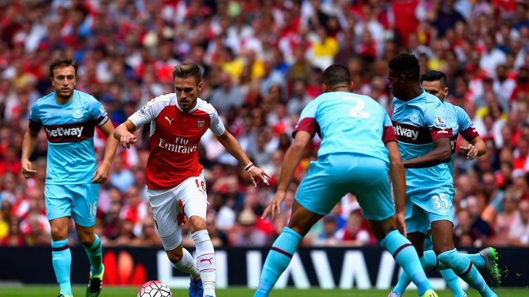 Aaron Ramsey turns and runs at the Hammers defence