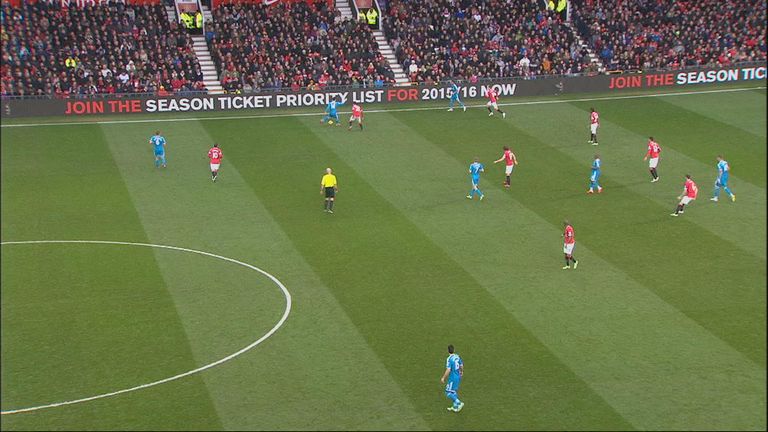 Connor Wickham (far right) is marginally offside when the ball is played up the line during Sunderland's visit to Manchester United
