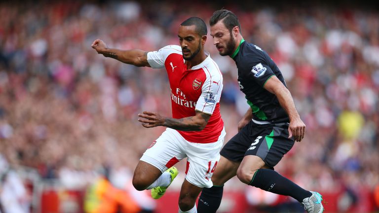 Walcott is closed down by Erik Pieters of Stoke City