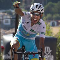 Fabio Aru celebrates all but winning the Vuelta a Espana on stage 20