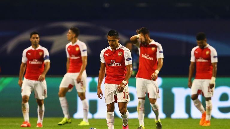 Arsenal players look dejected after defeat in Zagreb