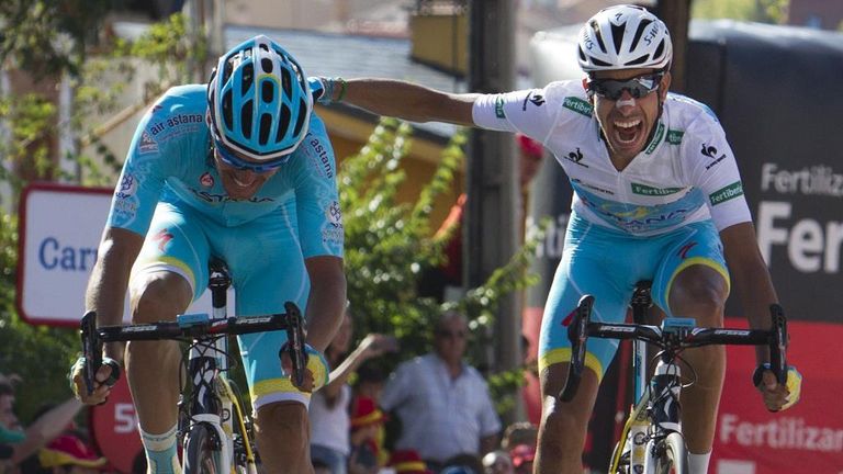 Aru started celebrating inside the final 1km alongside team-mate Luis Leon Sanchez