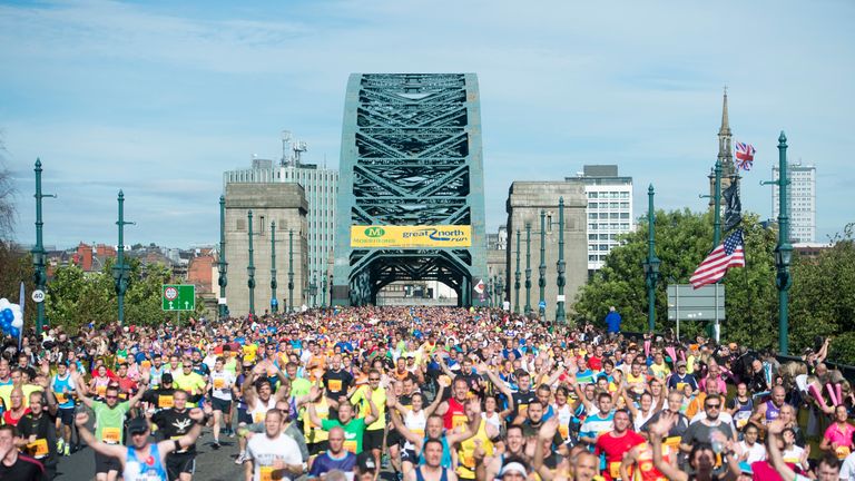 Runners cross the Tyne Bridge during the Great North Run