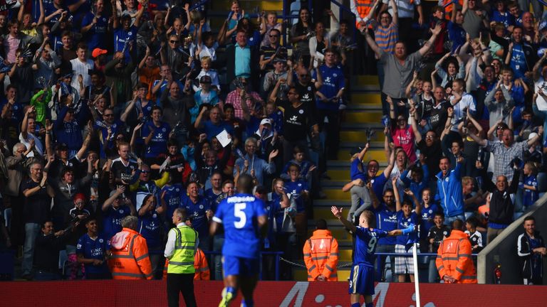 Jamie Vardy celebrates putting Leicester ahead with the first of his two goals