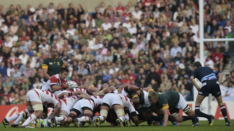 South Africa and Japan pack down to scrum during their World Cup clash in Brighton