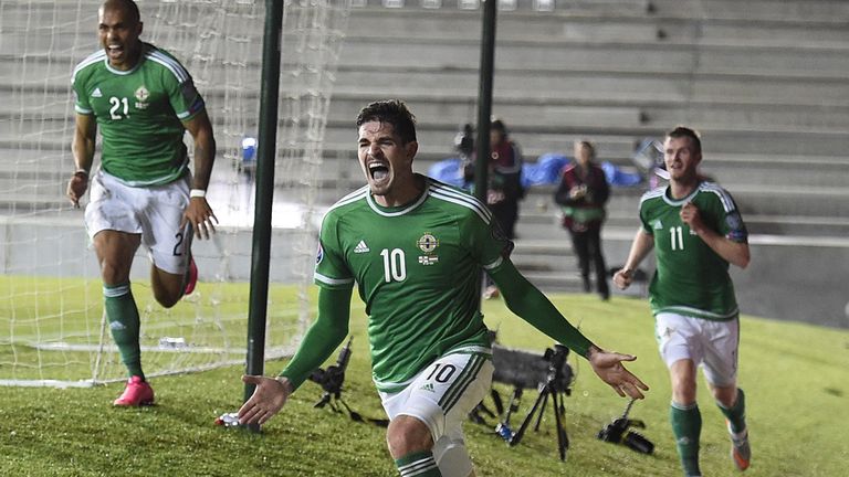 Kyle Lafferty (C) has scored seven goals for Northern Ireland during the Euro 2016 qualifying Group F