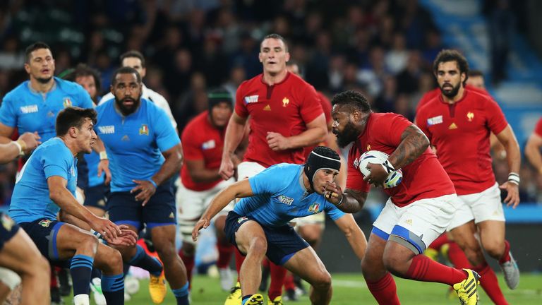 Mathieu Bastareaud of France takes on the Italy defence during the 2015 Rugby World Cup Pool D match